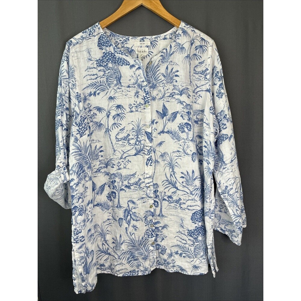Nicole Miller Linen Tunic Top Size 1X Blue White Floral Roll Tab Sleeves Cottage